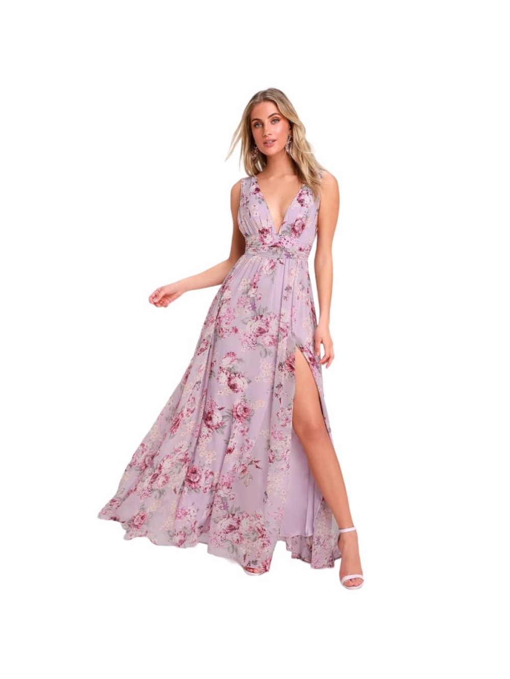 Lulu’s Garden Meandering Back Lavender Floral Maxi Dress plunge dress slit XS